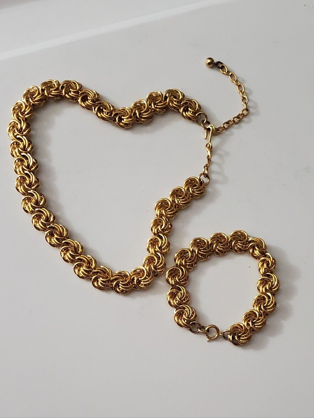Vintage Set Bracelet Necklace Estate Swirl Byzantine Erwin Pearl Gold Tone Euc